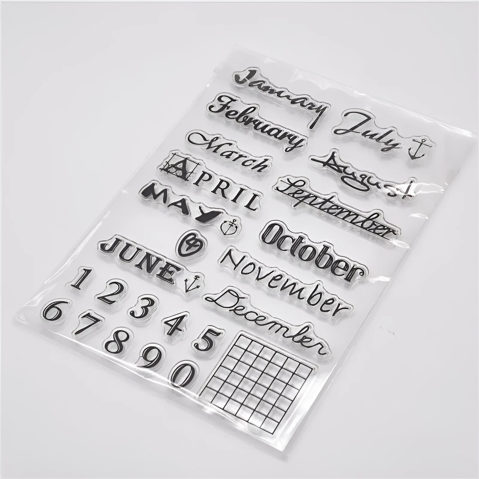 Transparent silicone rubber stamp with a raised vintage digital table clock design.