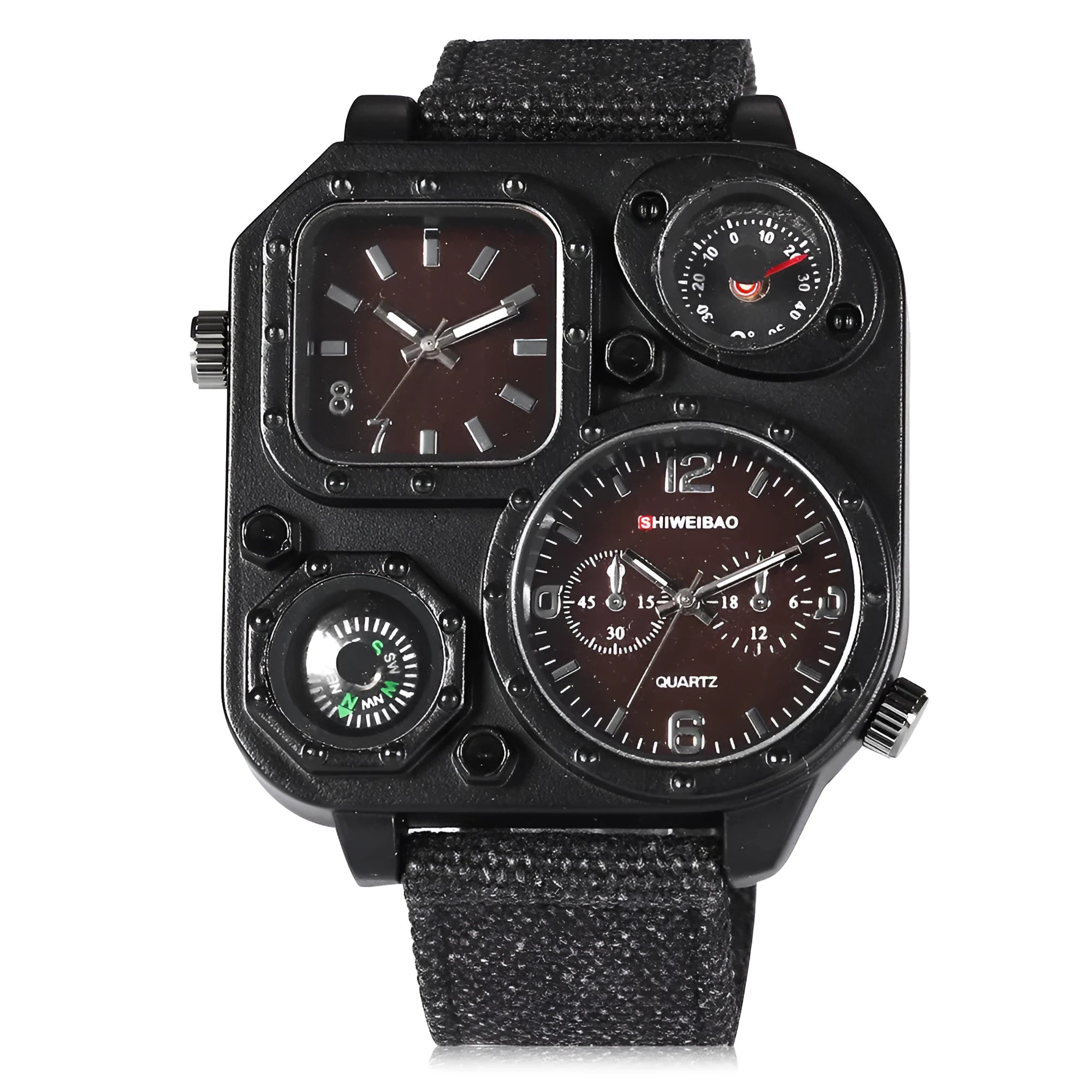 Men's sports watch with multi-time zone dial, green face, canvas strap, 5cm dial diameter, 12mm thickness