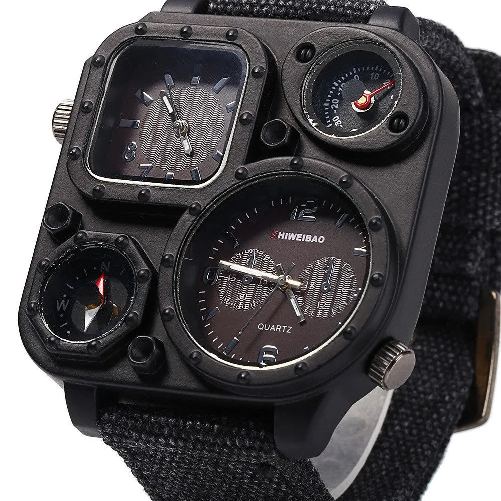 Men's sports watch with multi-time zone dial, green face, canvas strap, 5cm dial diameter, 12mm thickness