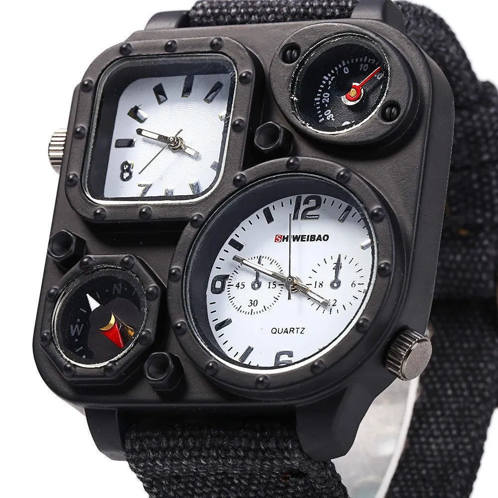Men's sports watch with multi-time zone dial, green face, canvas strap, 5cm dial diameter, 12mm thickness