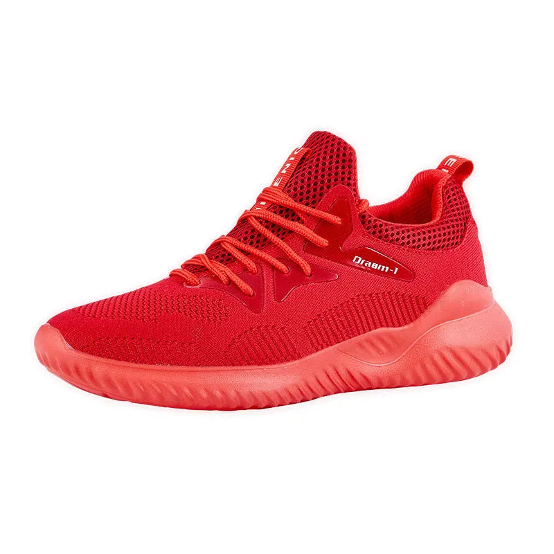 Low-top men's running shoes in red with mesh upper, front strap, and MD sole.