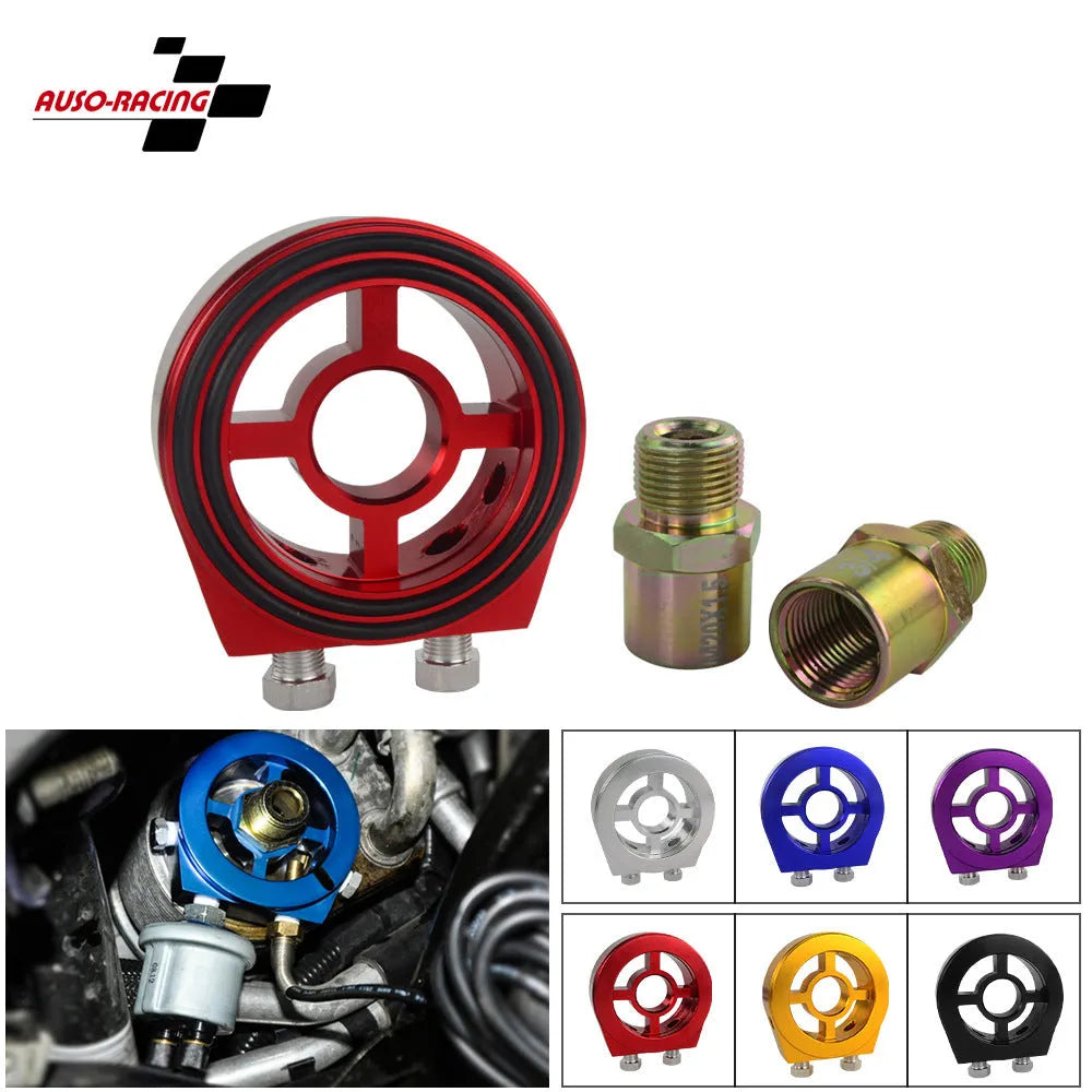 Universal oil pressure gauge adapter in aluminium alloy showing available colour options: red, blue, black, gold, silver.