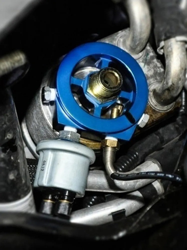 Universal oil pressure gauge adapter in aluminium alloy showing available colour options: red, blue, black, gold, silver.