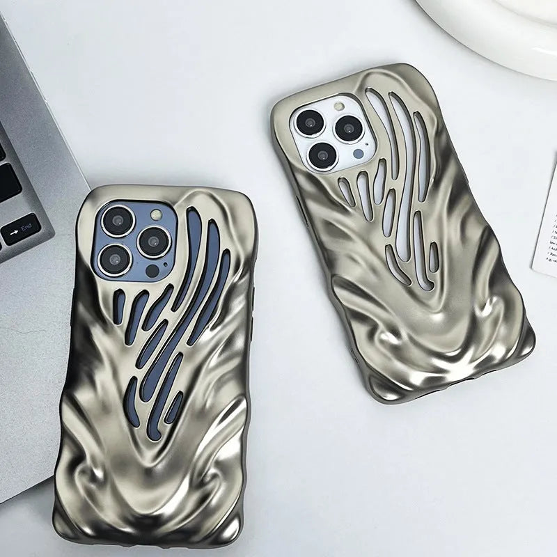 Matte titanium gray TPU phone case with three-dimensional hollow wave pattern and electroplating finish