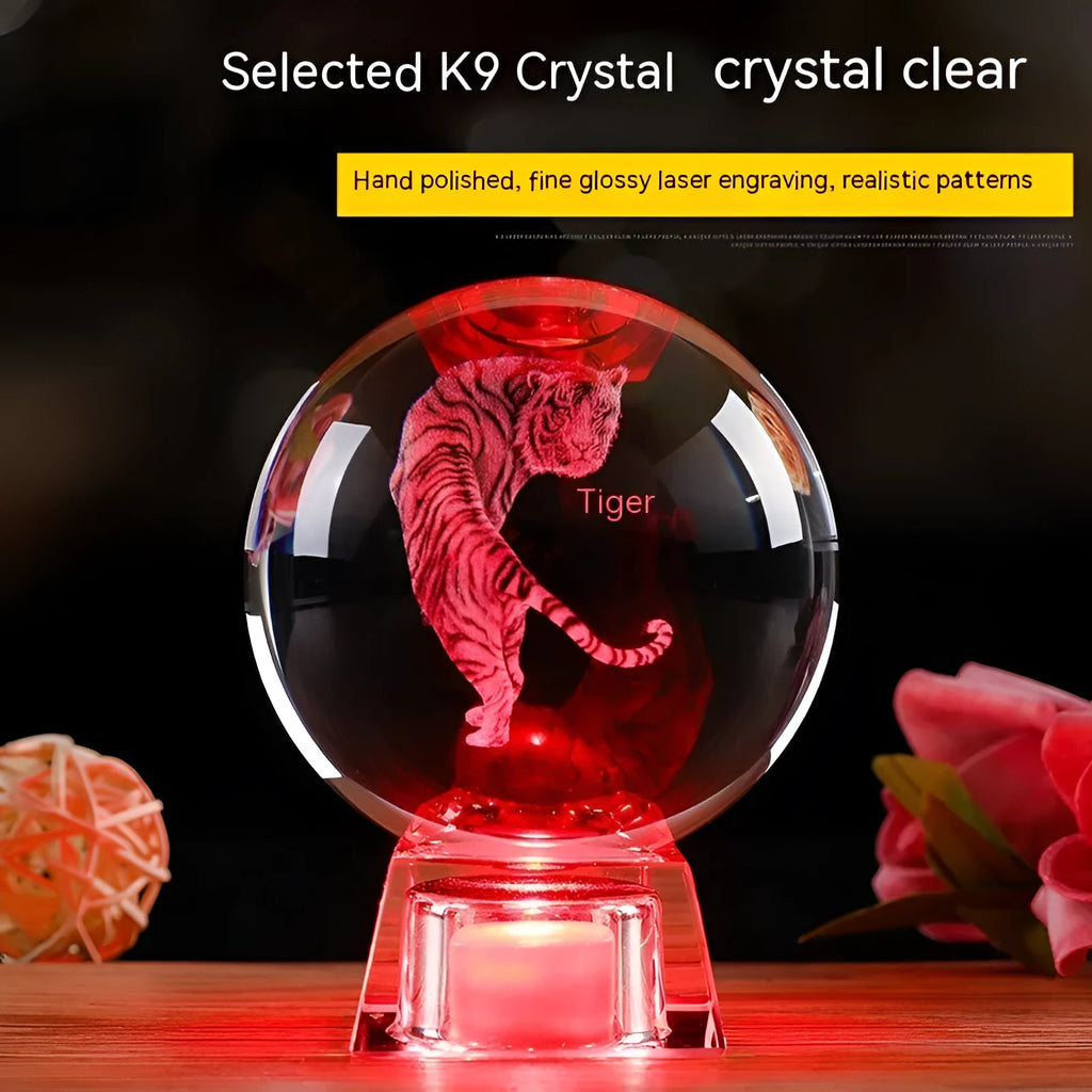 Chinese zodiac crystal ball decorative craft with electronic base showing white crystal sphere and animal sign options