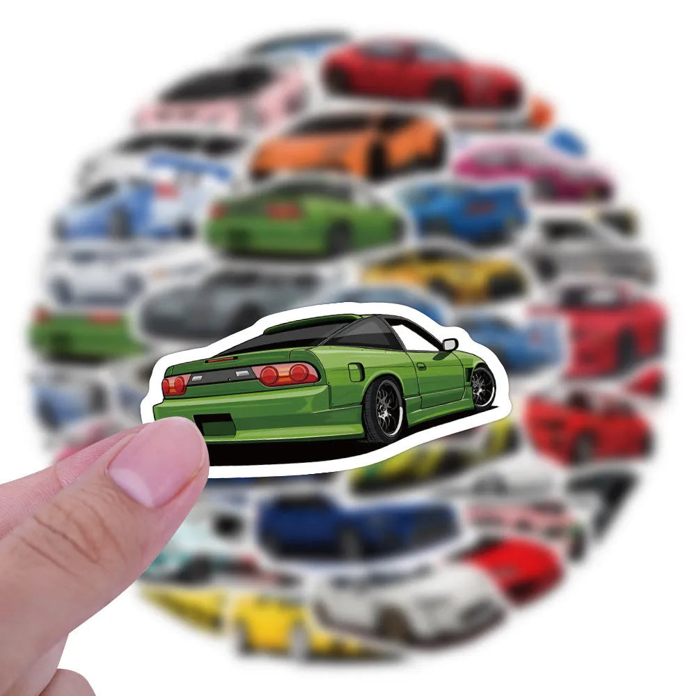 Sixty sports car graffiti vinyl stickers scattered, showing various 5-7cm car-themed designs.
