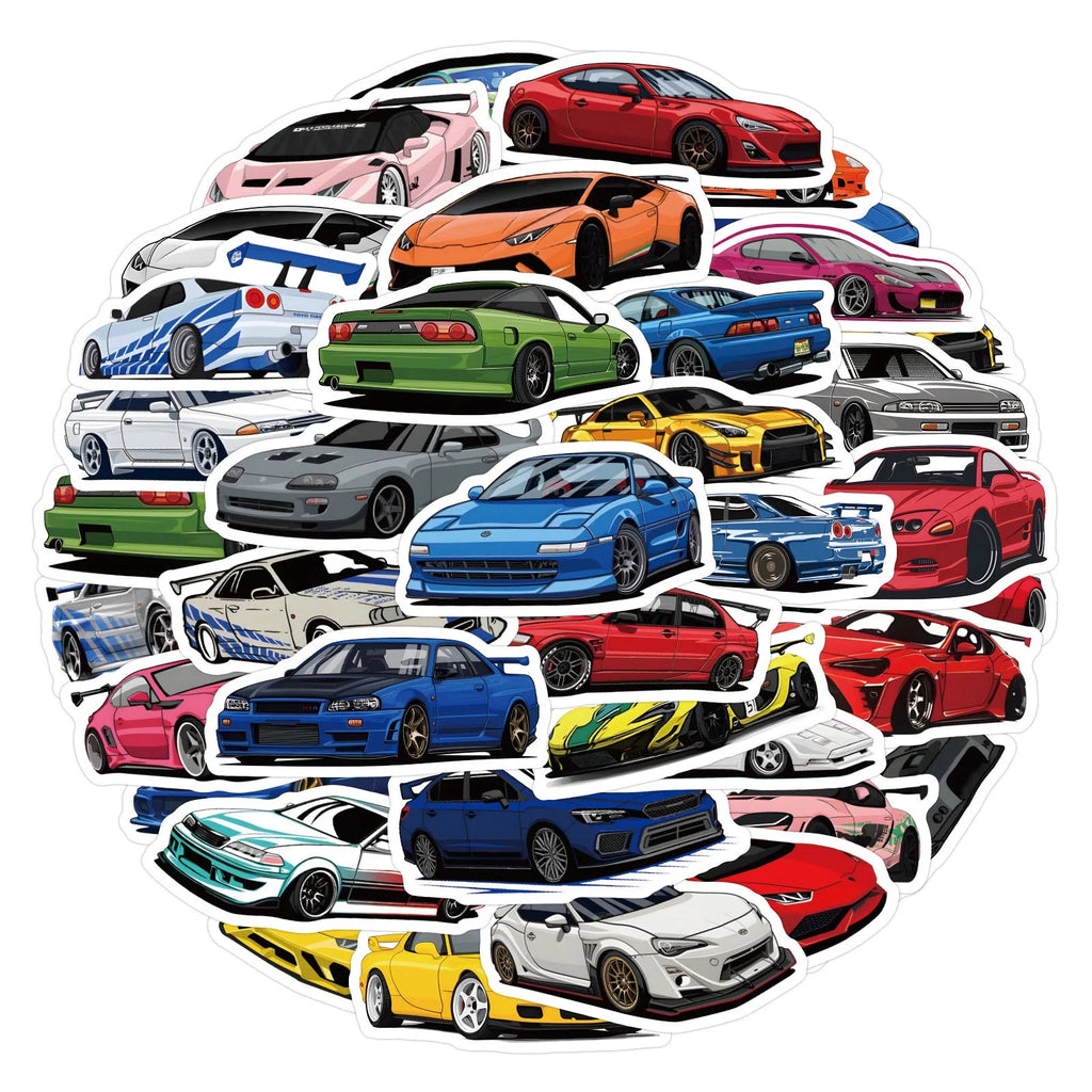 Sixty sports car graffiti vinyl stickers scattered, showing various 5-7cm car-themed designs.