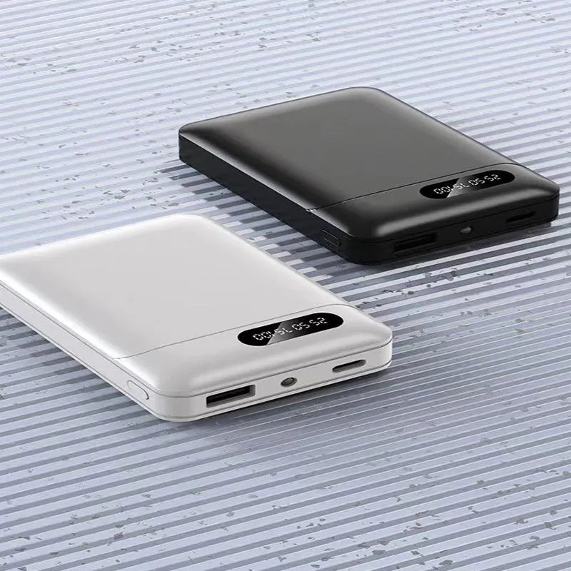 White portable power bank with multiple USB ports showing 10000mAh capacity label