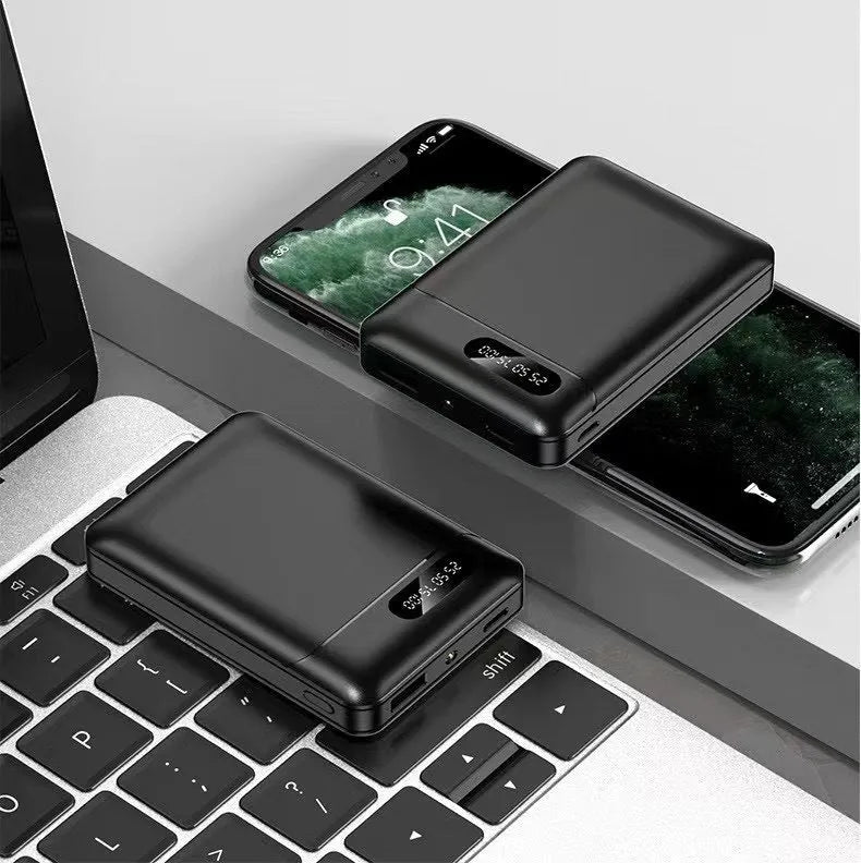 White portable power bank with multiple USB ports showing 10000mAh capacity label