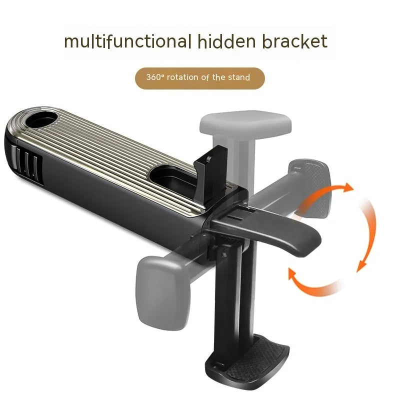 Car seat back rotating hook bracket for rear headrest vertical screen mount in black colour