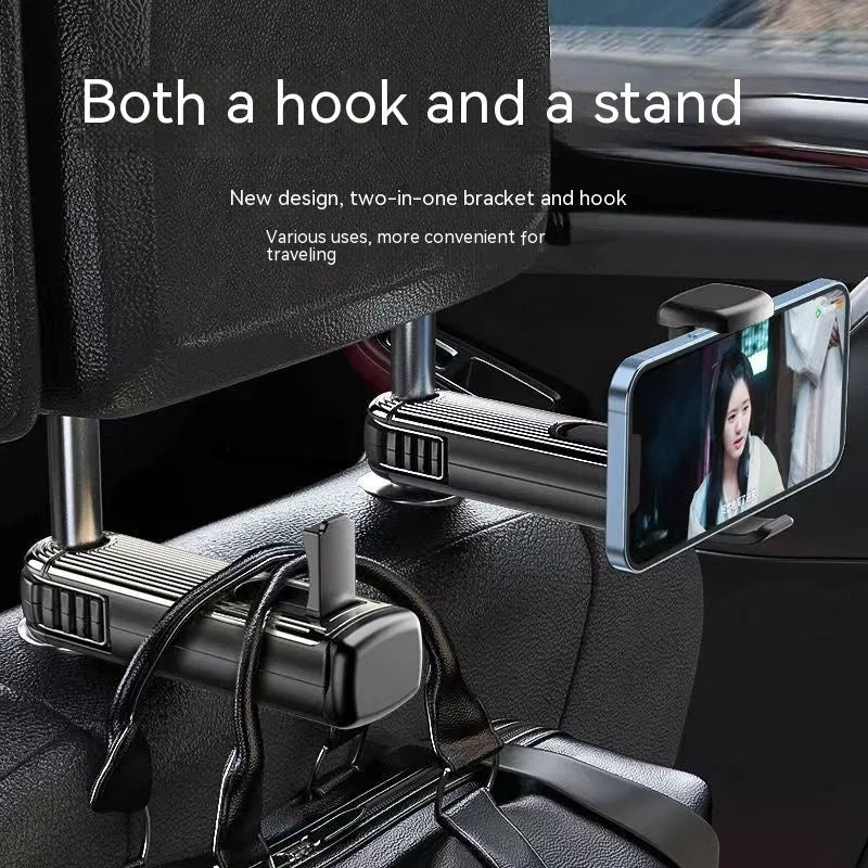 Car seat back rotating hook bracket for rear headrest vertical screen mount in black colour