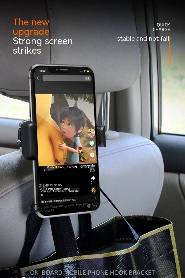Car seat back rotating hook bracket for rear headrest vertical screen mount in black colour