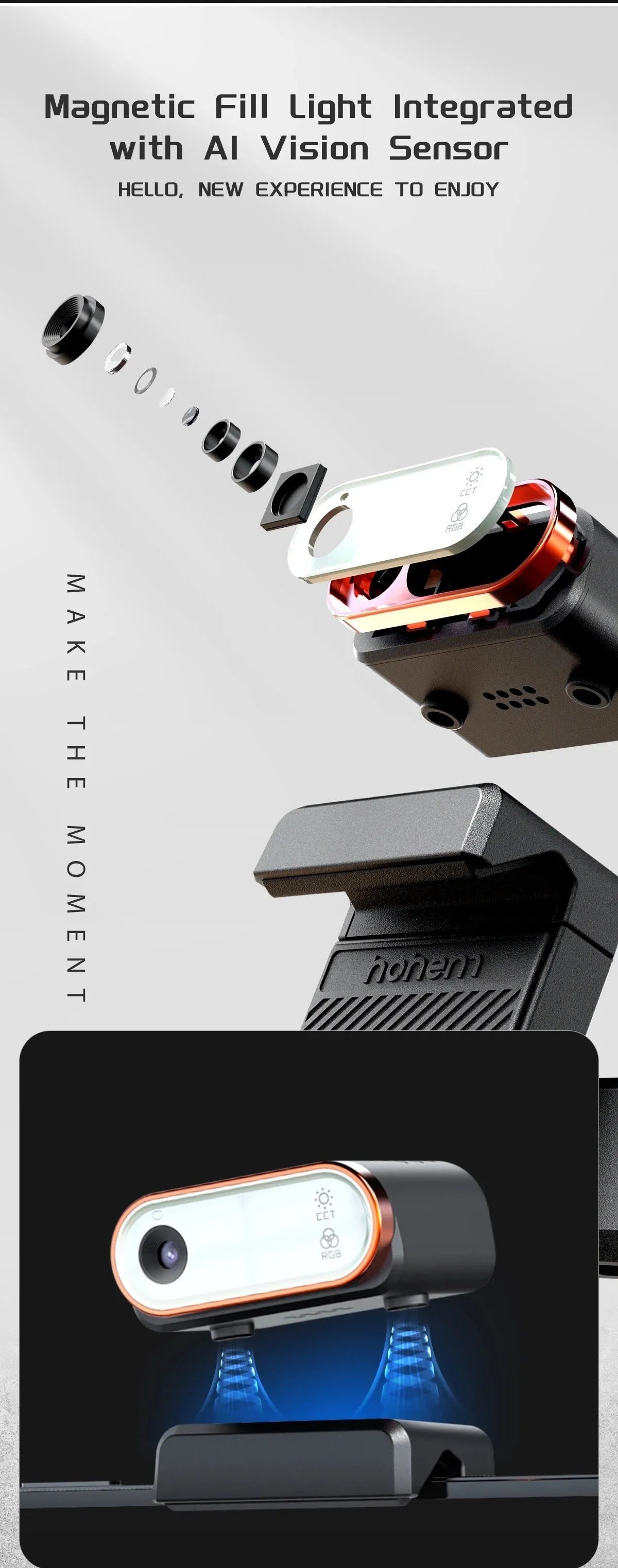Black AI face tracking fill light and three-axis camera stabiliser kit with tripod