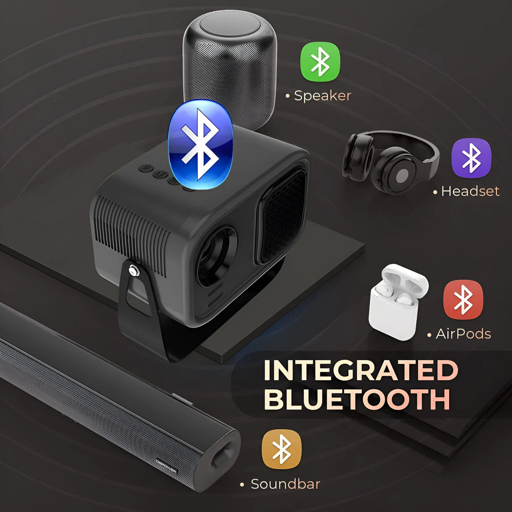 Black HD smart portable projector with remote control and cables for home office use