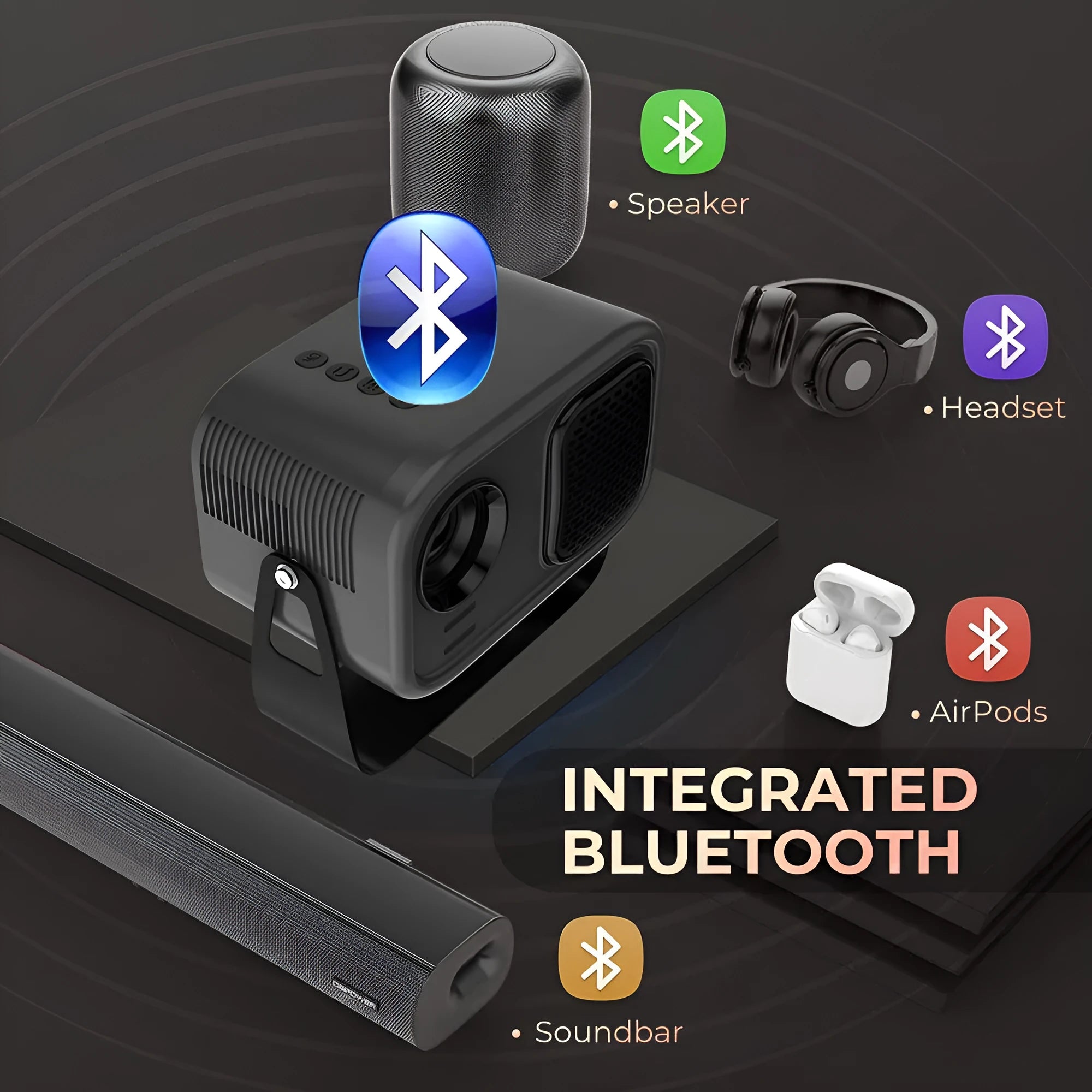 Black HD smart portable projector with remote control and cables for home office use