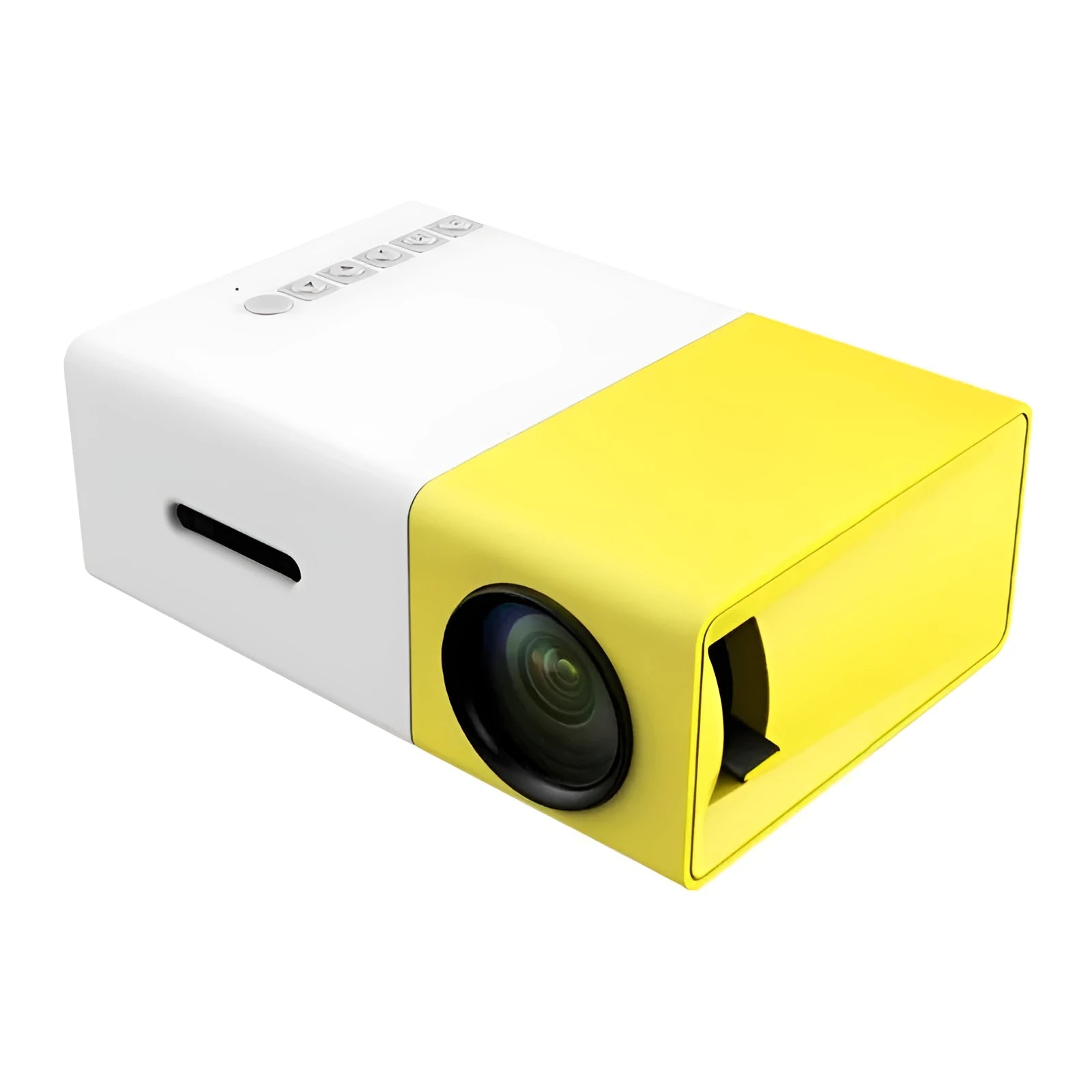 Yellow 1080p LED mini projector YG-300 with HDMI, USB, and TF card slots for portable home cinema