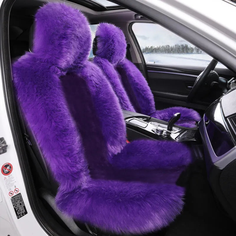 Purple plush car seat cushion set for driver and passenger seats with thickened winter padding