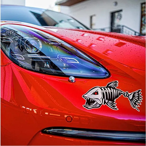 Reflective horror skeleton shark fishing expert bumper sticker in three size options