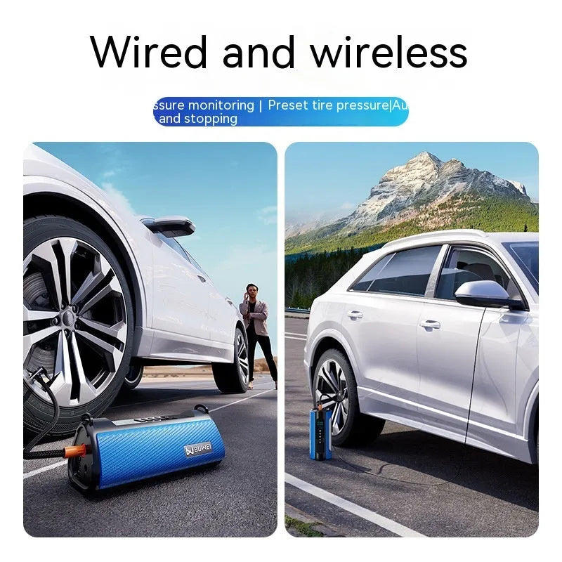 TS01 portable car tyre inflator with digital display, adapter nozzles and USB charging port