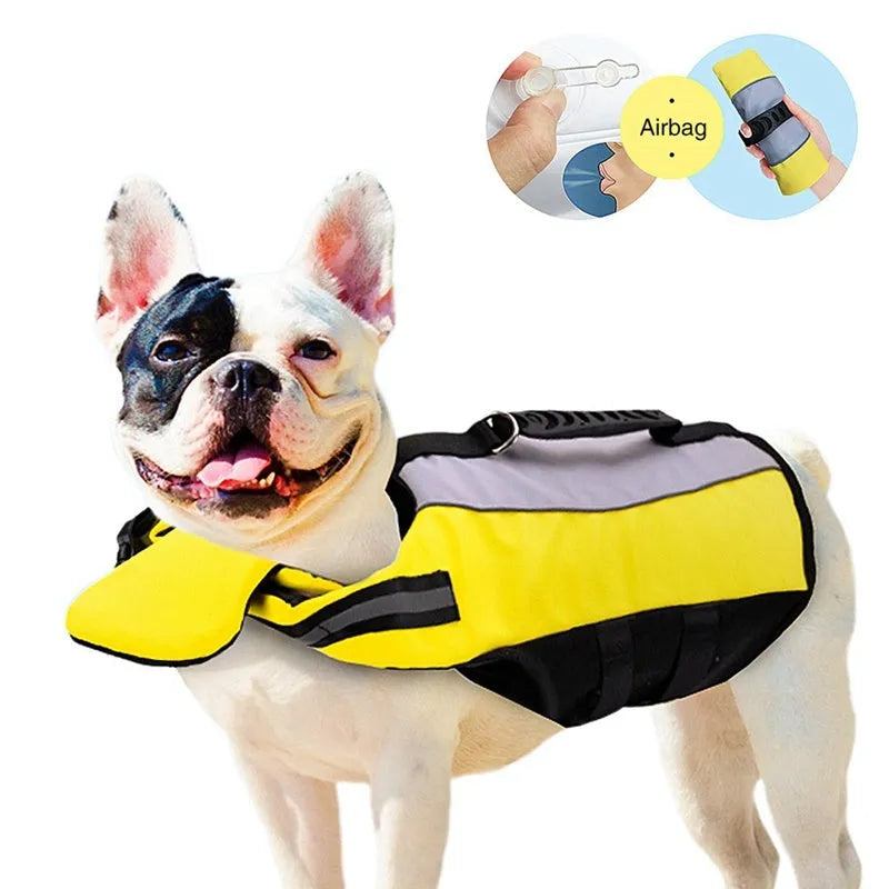Fluorescent yellow pet reflective airbag nylon life jacket with reflective strips on a dog near water