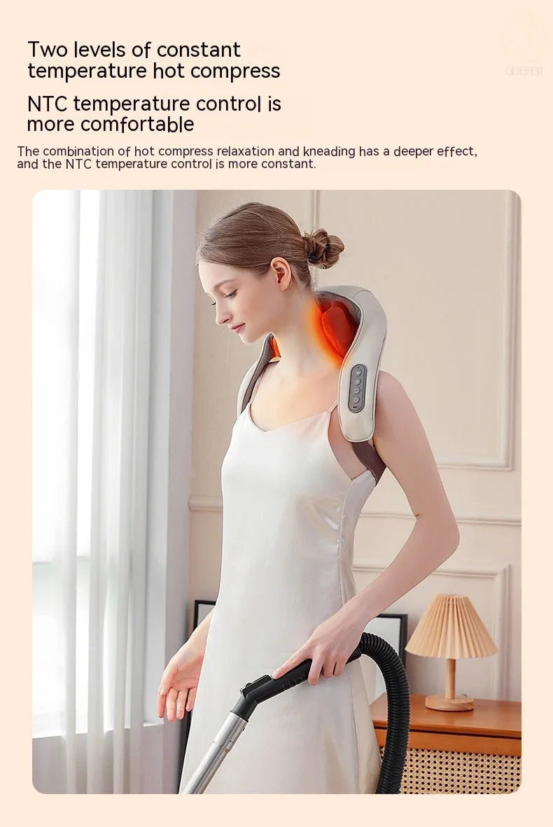 Creamy white rechargeable shoulder and neck massager with USB charging cable