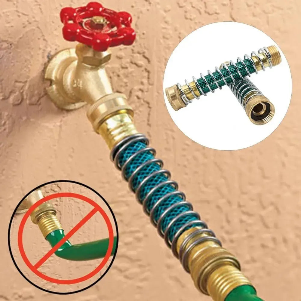 Brass garden hose connector with spiral spring measuring 15cm length