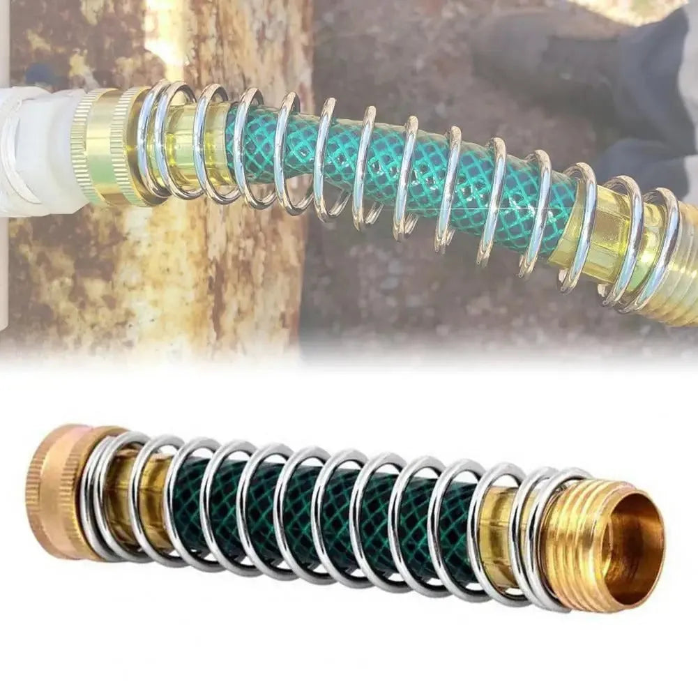 Brass garden hose connector with spiral spring measuring 15cm length