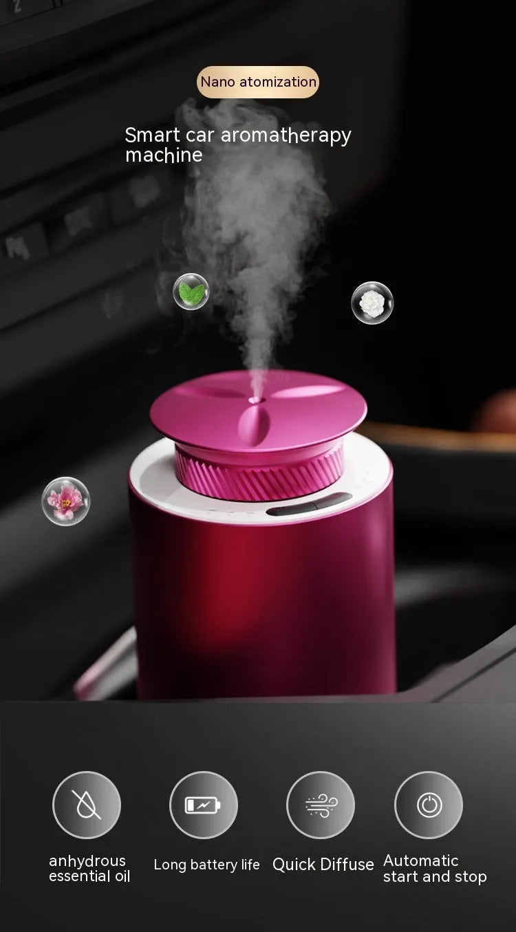 Portable car aroma diffuser in column shape with metal construction and touch button controls