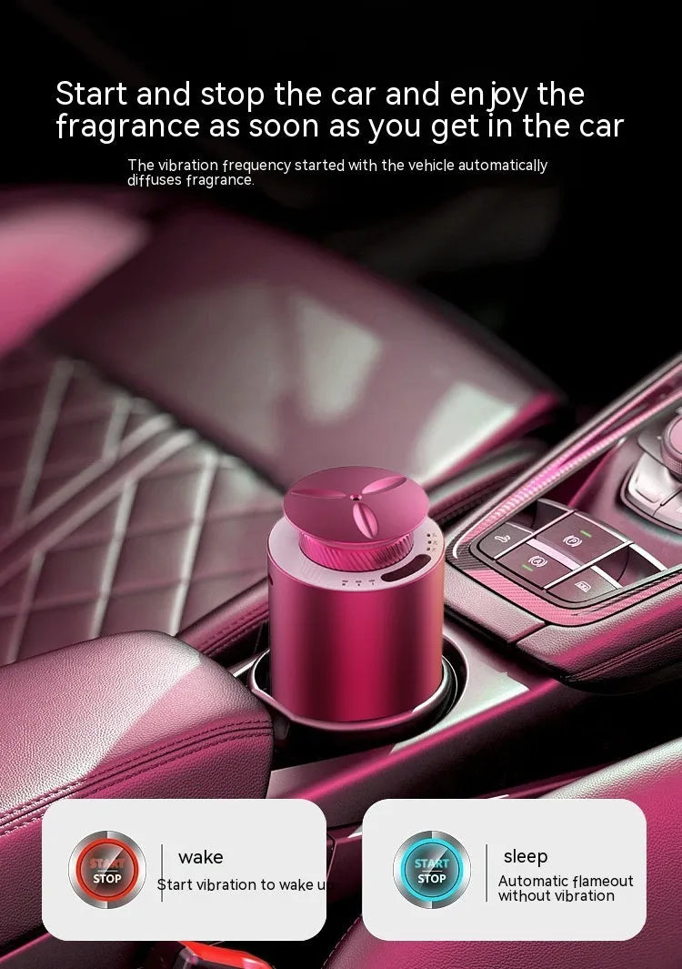 Portable car aroma diffuser in column shape with metal construction and touch button controls