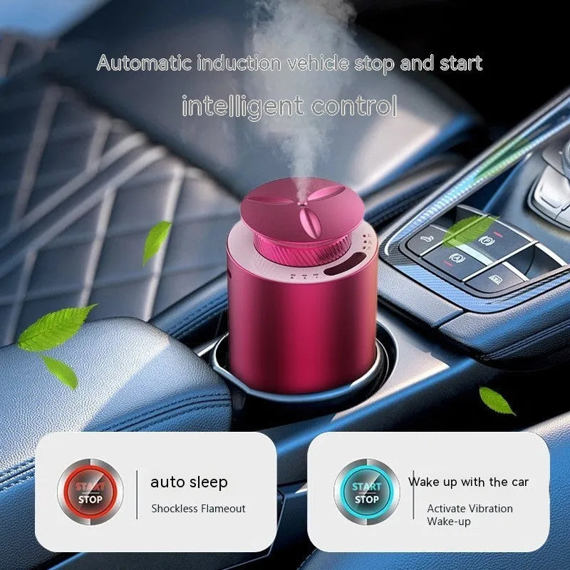 Portable car aroma diffuser in column shape with metal construction and touch button controls