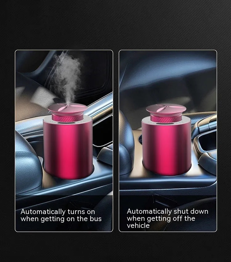 Portable car aroma diffuser in column shape with metal construction and touch button controls