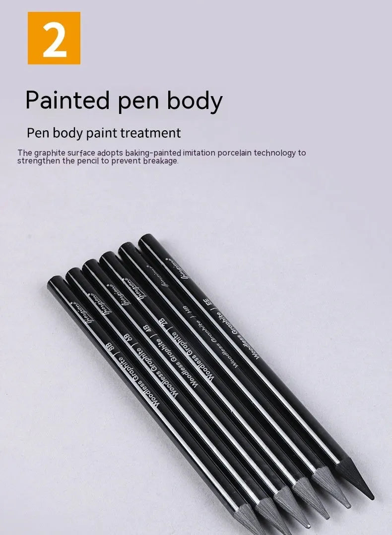 Set of six graphite and three carbonised art pencils in suction card packaging.