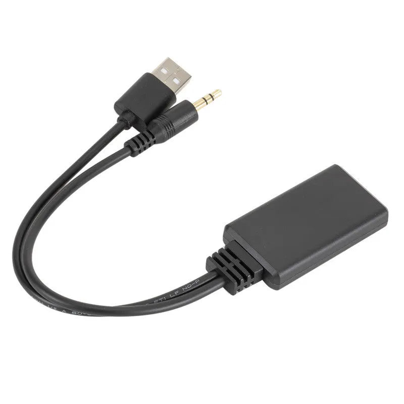 Black car AUX Bluetooth 5.0 audio receiver with 3.5mm jack and USB port.