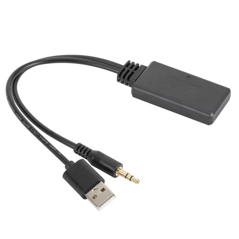 Black car AUX Bluetooth 5.0 audio receiver with 3.5mm jack and USB port.