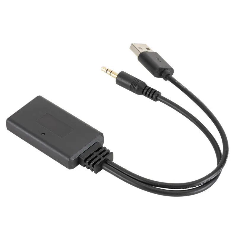 Black car AUX Bluetooth 5.0 audio receiver with 3.5mm jack and USB port.