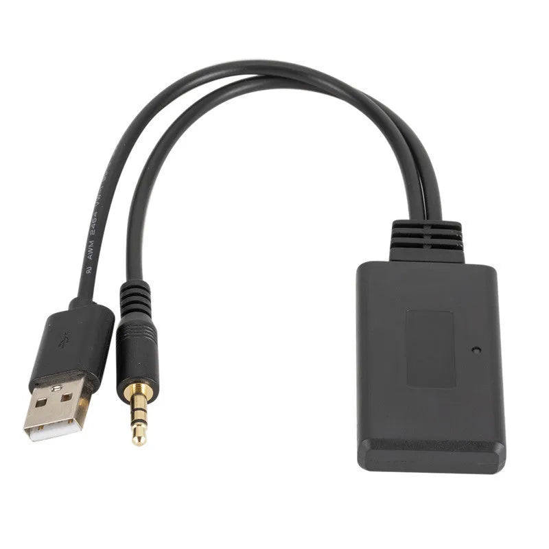 Black car AUX Bluetooth 5.0 audio receiver with 3.5mm jack and USB port.