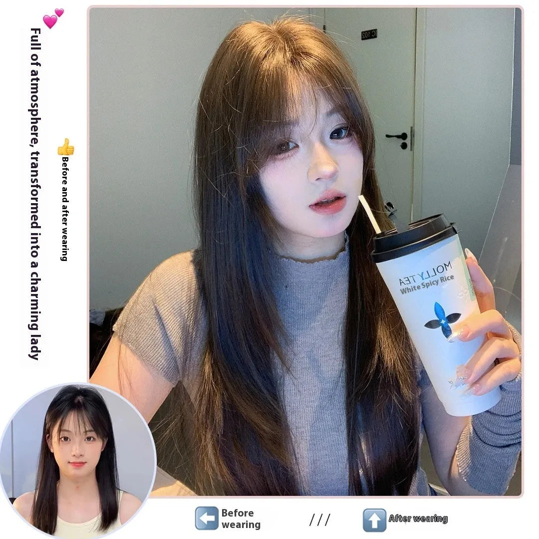 Cold brown layered long straight full-head wig with lace front design