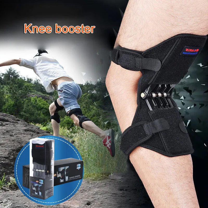 Adjustable spring knee brace support for mountaineering and sports, shown in black with breathable fabric.