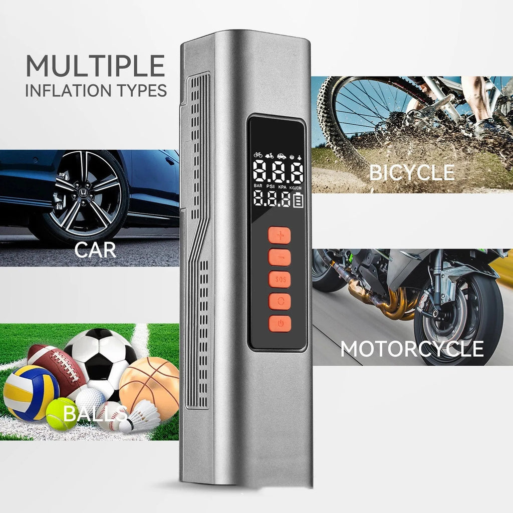 Wireless car tyre inflator with digital display showing pressure readings in multiple units