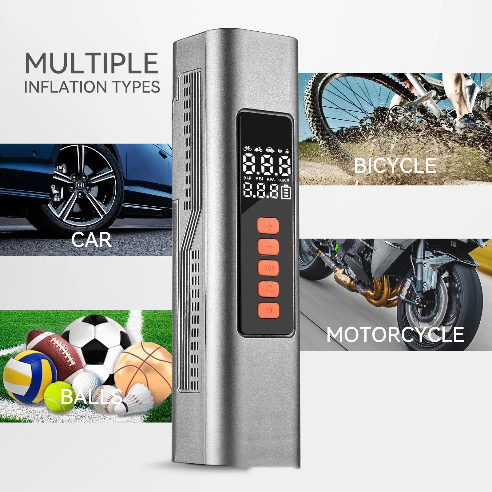 Wireless car tyre inflator with digital display showing pressure readings in multiple units