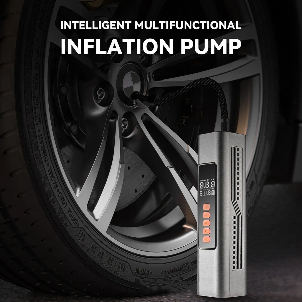 Wireless car tyre inflator with digital display showing pressure readings in multiple units