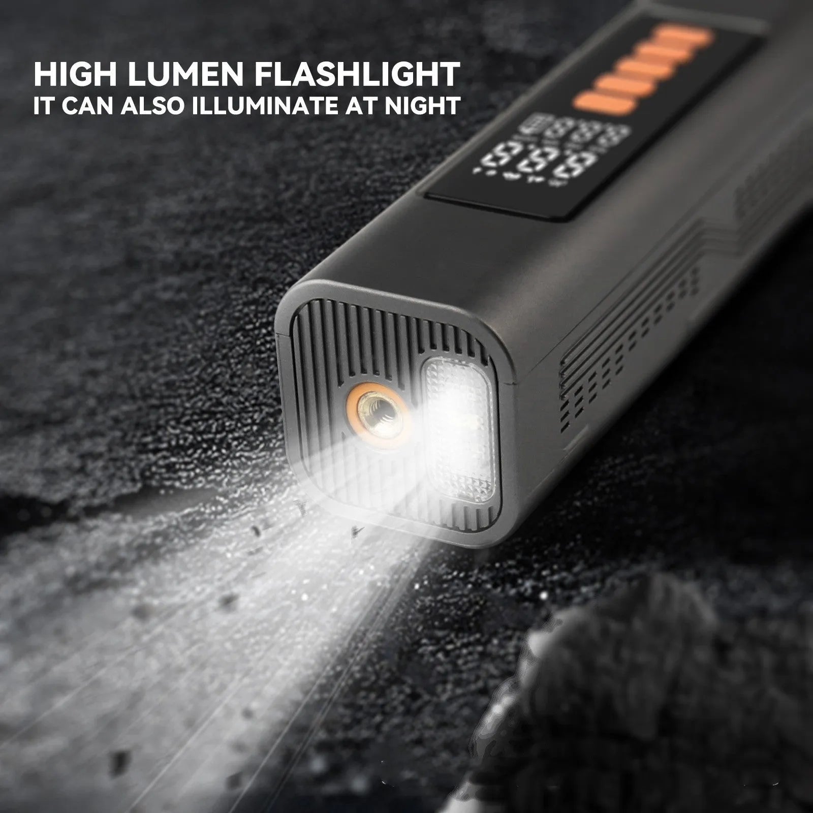 Wireless car tyre inflator with digital display showing pressure readings in multiple units