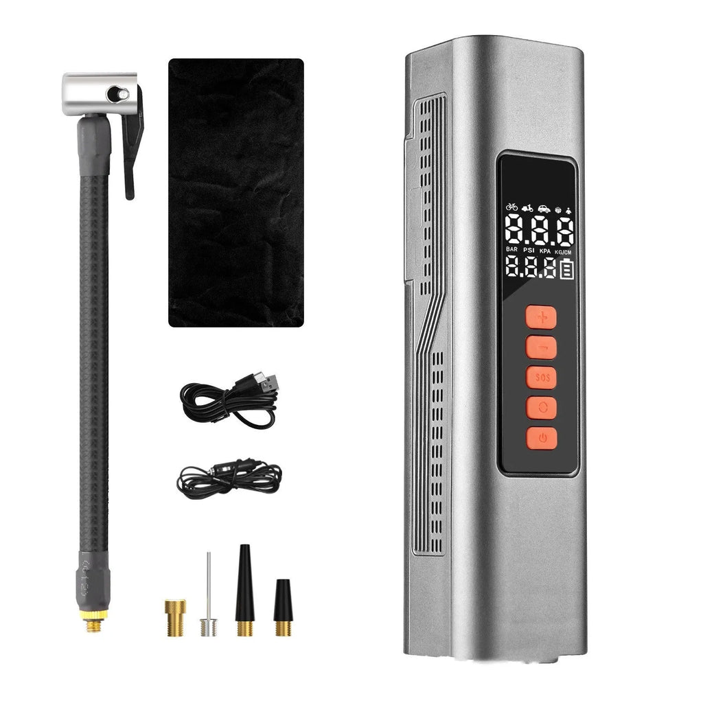 Wireless car tyre inflator with digital display showing pressure readings in multiple units