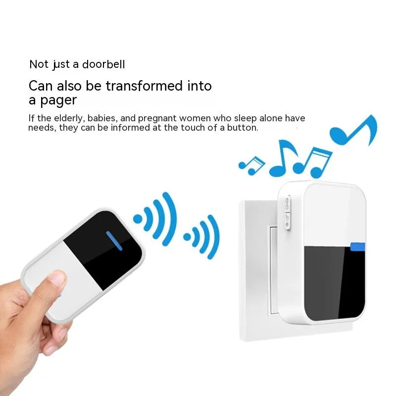 White self-generating wireless doorbell kit with plug-in receiver and compact outdoor transmitter.