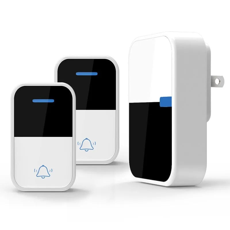 White self-generating wireless doorbell kit with plug-in receiver and compact outdoor transmitter.