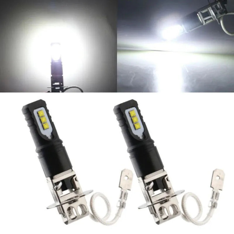 Aluminium alloy car fog light bulb for H1 and H3 fittings with white light.