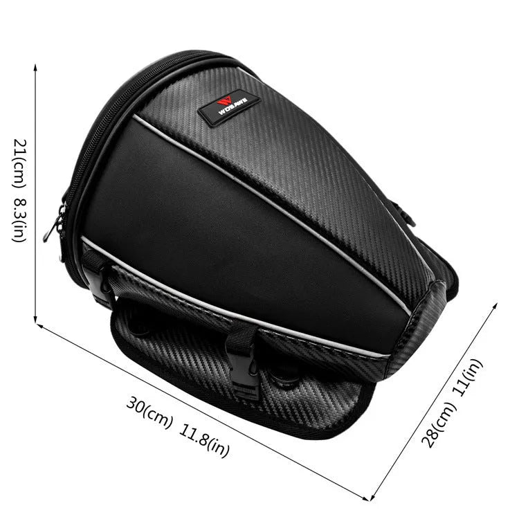 Black motorcycle seat bag with reflective lines and adjustable hooks for fuel tank or rear seat mounting