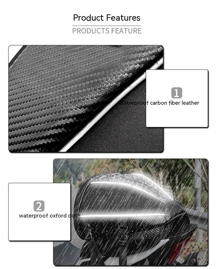 Black motorcycle seat bag with reflective lines and adjustable hooks for fuel tank or rear seat mounting