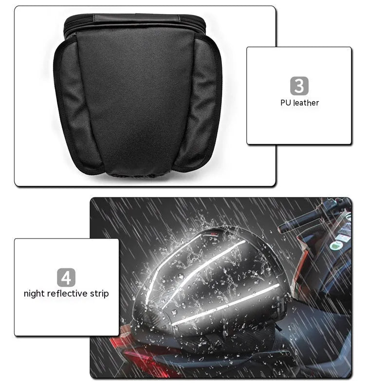 Black motorcycle seat bag with reflective lines and adjustable hooks for fuel tank or rear seat mounting
