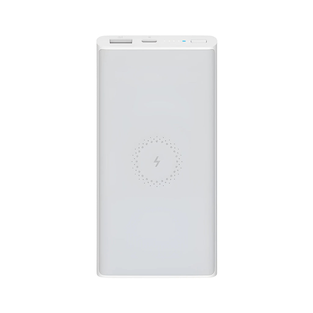 White or black 10000mAh capacity power bank showing USB-C port and wireless charging symbol